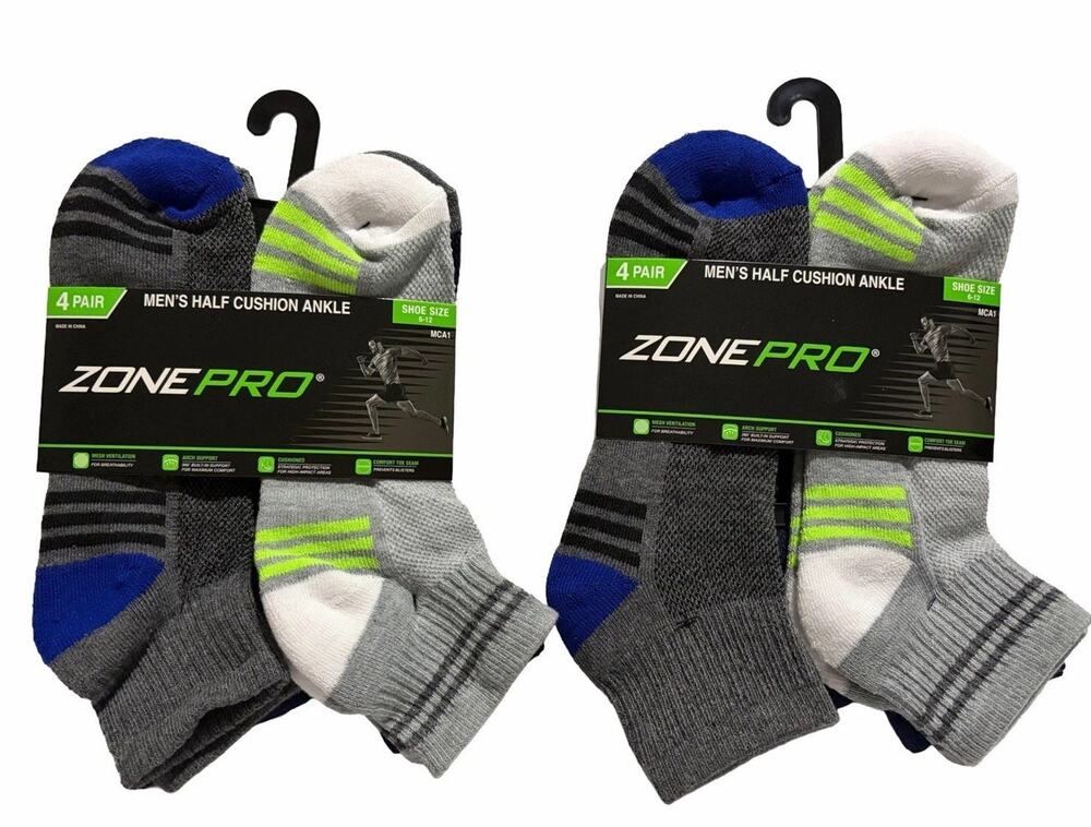 Zone Pro Men’s Half Cushion Ankle Socks 4 Pair Pack Size 6-12 Gray Blue Athletic